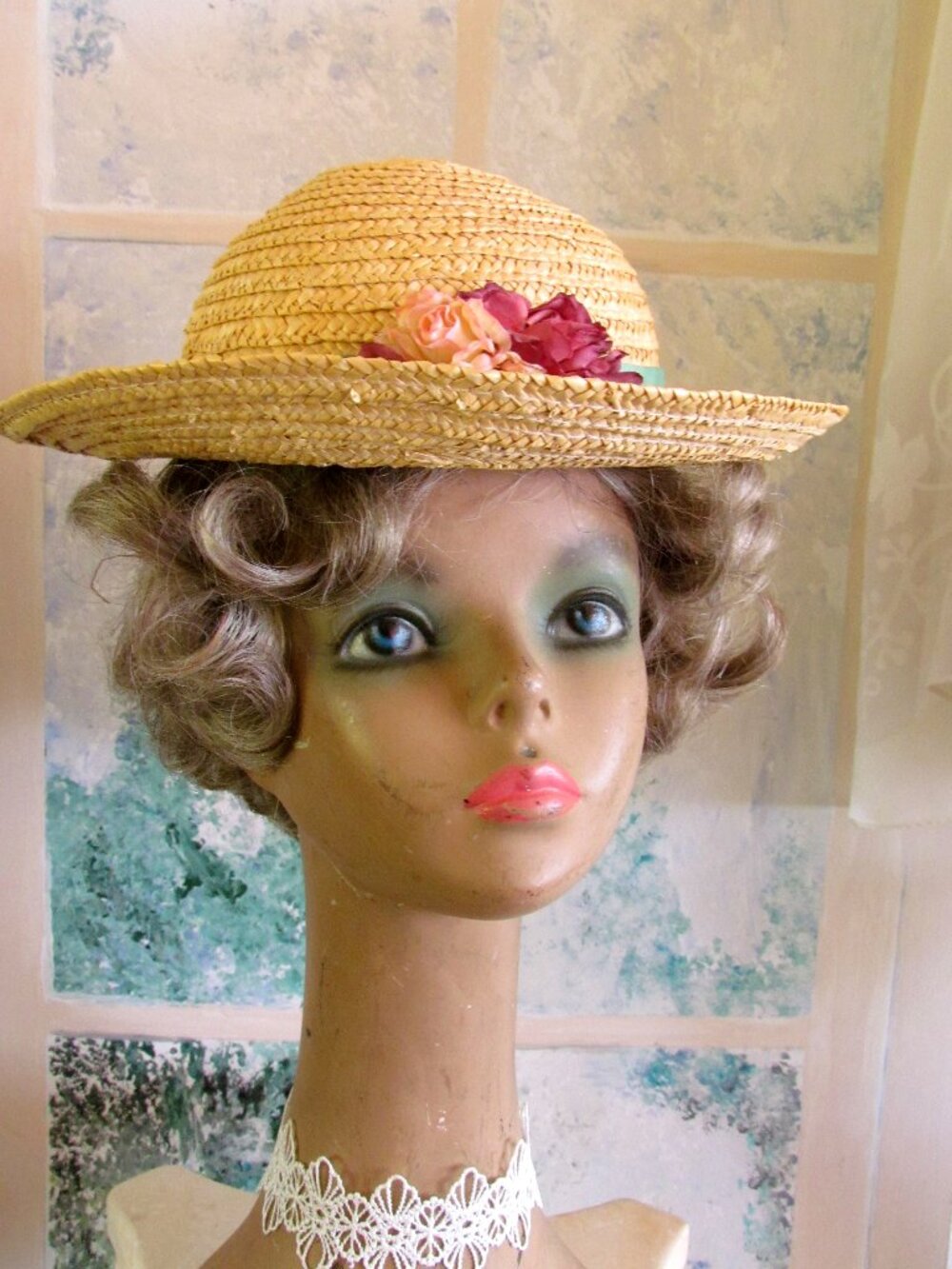 TEA PARTY HAT, S, FLOWERS, RIBBON, PEARLS, DRESSY CHURCH HAT, COSTUME, DRESS-UP